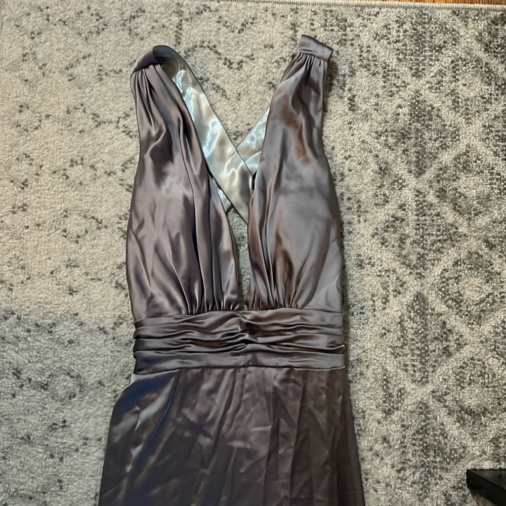 silver bridesmaid/black tie dress with open cross cross